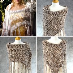 three pictures of a woman's shawl with chains on the shoulders and sides