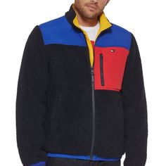 Mens Tommy Hilfiger Colorblock Sherpa Jacket 2 Lower Side Zip Welt Pockets; Vertical Zipper Pocket At Left Chest; Interior Zip Pocket; Zip Through Stand Collar; Full Zip Front Closure; Regular Fit Never Worn Color: Navy Blue/Red/Blue With Yellow Lining Tommy Hilfiger Windbreaker, Stand Collar Jacket, Stand Collar Jackets, Tommy Hilfiger Vintage, Purple Jacket, Tommy Hilfiger Jackets, Distressed Denim Jacket, Collar Jacket, Sherpa Jacket