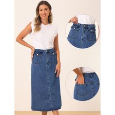 The basic design creates a casual yet stylish look, a must-have in any woman's wardrobe. This jean skirt features a classic denim fabric with a drape. The flap pockets add a trendy and functional element to the skirt, providing extra storage space. Pair it with a fitted blouse and heels for a chic and sophisticated look, or go for a more casual vibe by pairing them with a graphic tee. Non-stretch Medium Wash Skirt With Pockets, Mid-rise Dark Wash Denim Skirt With Pockets, Dark Wash Mid-rise Denim Skirt With Pockets, Non-stretch Denim Skirt With Pockets, Straight Leg Denim Skirt With Pockets For Work, Mid-rise Denim Skirt With Pockets For Work, Relaxed Fit Medium Wash Skirt With Pockets, Medium Wash Relaxed Fit Skirt With Pockets, Mid-rise Skirt With Pockets And Relaxed Fit