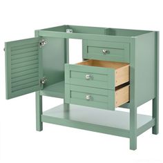 a green cabinet with two drawers and an open door