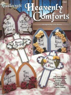 the front cover of needlecraft heavenly comforts book, featuring three cross - stitch designs