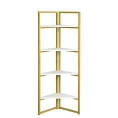 three tiered shelving unit in gold and white with four shelves on each side