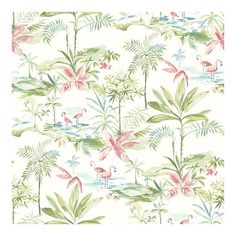 a floral wallpaper pattern with pink, green and blue flowers on white grounding