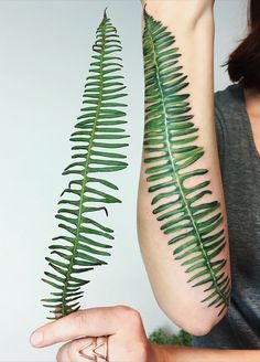 a woman holding up a fern leaf tattoo on her right arm and another person's left arm