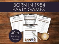 birthday party games with the text born in 1994 party games on it and coffee cup next to them