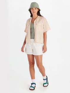 When the summer heat is coming in hot, button up with the laid-back vibes of the Muir Camp shirt. Your new go-to collared shirt for summer mountain fun can now make a splash at the pool and cocktail party. Flex your vintage style prowess with a timeless, eye-catching camp collar without losing sight of your adventurous side. Updated with a recycled polyester ripstop and cotton blend, this collared short sleeve gives you soft, breathable durability so you're trail and campsite ready for many trips to come. Dress it up for a night on the town or unwind at the lake after a hot summer hike. | Marmot Women's Muir Camp Collar Short Sleeve Shirt in Pink Moon Size: Large Summer Hike, Pink Moon, Camp Shirt, T-shirts & Tank Tops, Summer Heat, Collared Shirt, Camping Shirt, In Hot, Hot Summer