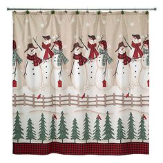 a shower curtain with snowmen and trees on it