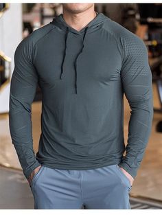 Long Sleeves Hooded Men's Breathable Fitness T Shirt - Men's Fitness Apparel, Men's Sports & Fitness T Shirts | Vivinch Gray Hoodie Sportswear Top, Green Moisture-wicking Hooded Top, Gray Hoodie For Gym, Casual Training Hoodie, Gray Workout Hoodie Top, Gray Sporty Hoodie Top, Sporty Gray Hoodie Top, Gray Moisture-wicking Sweatshirt For Sports, Green Winter Gym Tops