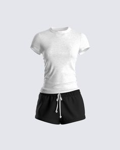 Sometimes a bad b*tch needs to take some time off, and that’s okay 🖤 Unwind, do some self-care, and refresh that baddie energy in this cozy 2 piece set. Featuring a white slub knit tee and black jersey graphic shorts ☁️ Shorts And Graphic Tee, Summer White Outfits, Work Out Outfits, Clothes Pieces, Baddie Energy, Chill Clothes, Crop Tops Cute, Bad Clothing, Outfit Sets For Women