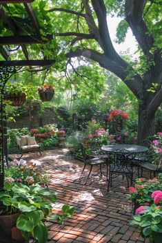 an outdoor patio with tables and chairs surrounded by flowers