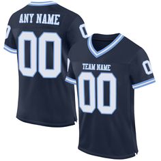 Order the jersey with special name & number you want from our shop, making a vibrant look on the field or daily life! Features: 1. Material: 100% Recycled Polyester-Body; 88% Nylon/12% Spandex-Neckline, Sides, Sleeves 2. Fit: Authentic jerseys have an athletic cut that fits snug in the chest and shoulders. 3. Stitched tackle twill name and numbers 4. Sublimated stripes on sleeves 5. Zone stretch fabric for enhanced movement; Tailored fit designed for movement 6. Moisture-wicking fabric has spong Sialkot Pakistan, Navy Football, Blue Football, Blue Jersey, St. Patricks Day, Custom Football, Alpha Kappa Alpha, Sports Balls, 3d Pattern