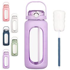 a purple water bottle next to several other items