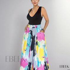 Ebeek - Womens Plus Size Casual Trousers: Colorblock Random Print Wide Leg Pants with Convenient Pockets Print Wide Leg Pants, Printed Wide Leg Pants, Casual Trousers, Plus Size Casual, Wide Leg Trousers, Fashion Sense, Jogger Pants, Leg Pants, Wide Leg Pants