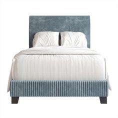 an upholstered bed with white pillows and blue headboard, on a white background