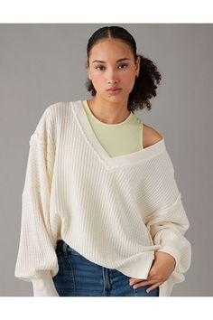 Cozy waffle knit + soft fleece/V-neckline/Long sleeves/Vented hem/This sweatshirt is Real Good: made with the planet in mind and a promise to continue to do better V Neck Sweatshirt, Big Hug, Xmas Ideas, Do Better, Big Hugs, Waffle Knit, Women's Jeans, American Eagle Outfitters, American Eagle