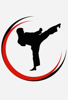 the silhouette of a man doing karate in a circle with red and black circles around it