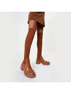 Marrón  Collar     Embellished Boots Thigh High, Over Knee Boots, Heels Brown, Knitted Socks, Brown Women, Chunky Block Heels, Brown Heels, Boots Women Fashion, Toe Designs