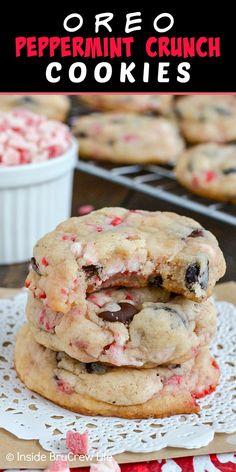 two peppermint crunch cookies stacked on top of each other with the title overlay