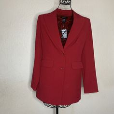 Great Looking Blazer In Brand New Condition. Approximate Measurements Are: Armpit To Armpit 18” Waist 34” Shoulder To Shoulder 15” Shoulder To Hem 24.5” Red Notch Lapel Outerwear With Pockets, Tailored Red Outerwear With Pockets, Red Notch Lapel Blazer For Spring, Classic Red Outerwear For Office, Tailored Red Outerwear With Lapel Collar, Chic Red Notch Lapel Outerwear, Red Tailored Outerwear With Lapel Collar, Chic Red Outerwear With Notch Lapel, Tailored Red Outerwear For Office