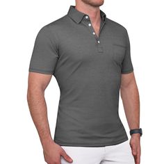 A true athletic fit polo crafted from our buttery soft and breathable stretch pique fabric. This short sleeve puts a modern twist on a classic style and features flattened hemline, leaving you looking and feeling fresh for both casual wear and a great night out. Hidden under the collar buttons to ensure your collar will be standing tall and crisp Care: Machine wash cold. Hang to dry. Fabric: 29% Cotton / 29% Modal / 42% Polyester Model is 6' and 185 lbs. filling out size Medium. Fitted Polo Shirt With Seamless Collar, Modern Fitted Polo Shirt For Business Casual, Fitted Collared Polo Shirt For Business Casual, Fitted Polo Shirt For Business Casual, Gray Fitted Polo Collar T-shirt, Fitted Gray Polo Collar T-shirt, Gray Fitted Polo Collar Top, Fitted Gray Polo Collar Top, Fitted Classic Polo Shirt With Short Sleeves