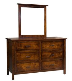 a wooden dresser with a mirror on it's top and bottom drawer, against a white background