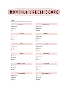 a printable credit score sheet with the words, month and date in pink on it