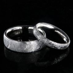 Stunning Gibeon meteorite ring set made with cobalt sleeves. The men's ring is 6mm wide and the women's is 3mm wide and each features a proprietary comfort fit for optimal wearing. The Gibeon meteorite name was chosen by the town in Namibia Africa where it was first discovered. Gibeon meteorite is considered the best and most stable meteorite to make jewelry with. Each ring is acid etched to bring out the brilliant Widmanstatten lines that were formed as the meteor hurled through space towards t Matching Ring Set, Gibeon Meteorite, Namibia Africa, Meteorite Ring, Matching Ring, Wide Ring, Wide Rings, Matching Rings, Everyday Activities