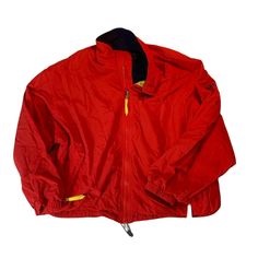 Vintage Eddie Bauer Red Jacket Fleece Lined Size Made In USA. Tagged womens Large (can fit XL) Red nylon shell Oversized Blue fleece interior Yellow zipper pulls Bungee to cinch Embroidered spellout on sleeve Pocket on sleeve Approximate measurements: Chest flatlay 26" Length 24" Red Fleece-lined Outerwear For Outdoor, Red Windproof Long Sleeve Windbreaker, Red Long Sleeve Windproof Windbreaker, Red Windproof Windbreaker For Fall, Red Hooded Fleece Jacket For Outdoor, Sporty Red Outerwear For Outdoor Activities, Red Sporty Outerwear For Outdoor Activities, Sporty Red Outerwear For Outdoor, Red Sporty Outerwear For Outdoor