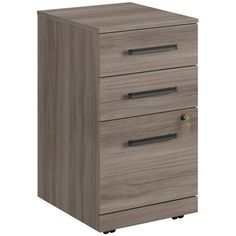 an office filing cabinet with three drawers and two keys on each drawer, in grey oak finish