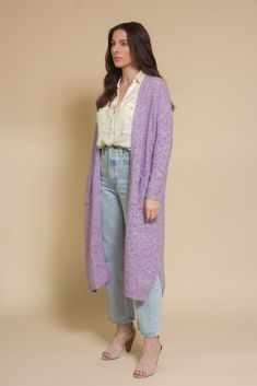 Brand: FRNCH Eyelet cardigan in the prettiest heather lilac. Sweater features square front pockets. ♡ Details Color: Lilac Eyelet design Front pockets 55% Acrylic, 28% Polyester, 10% Wool, 5% Polyamide, 2% Elastane Sizing Model Info: Height 5'3"| Bust 34"| Waist 25"| Hips 34" Model is wearing a size S/M Fit: Standard fit Stretch: More stretch Measurements: S/M: Bust 47" | Length 42.5" M/L: Bust 48" | Length 42.5" Lilac Sweater, Pockets Details, Pointelle Cardigan, Knit Outerwear, Cardigan With Pockets, Knit Denim, Jumpsuit Shorts Rompers, Sleeveless Bodysuit, 20's Dress