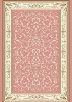 a pink and beige area rug with an ornate design