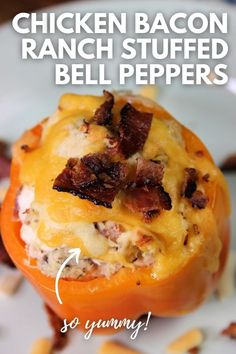 chicken bacon ranch stuffed bell peppers on a white plate