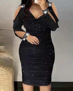 Peilia - Stylish Rhinestone-Embellished Cold Shoulder Party Dress for Plus Size Women Party Dress For Plus Size, Dress For Plus Size Women, Dress For Plus Size, فستان سهرة, Black Bodycon Dress, Mid Length Dresses, Flowing Maxi Dress, Glamorous Evening Gowns, Dress 100