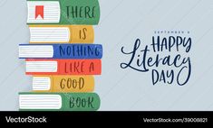 a stack of books with the words happy library day