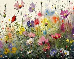 a painting of colorful flowers in the grass