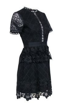 Slip into some serious style with the Ted Baker "Dixa" dress. This chic skater dress features layered lace with a floral eyelet design and cutout detailing for a unique twist. Complete your look with some black pumps and turn heads with this romantic little black dress. Size 4 (Ted 1) Shell 100% Polyester Contrast 100% Cotton Lining 97% Polyester, 3% Elastane Exposed back zipper Layered eyelet lace Short sleeves High neckline Cut out detailing Bust 32" Waist 26.5" Shoulder to hem 34" Sleeve length 8.5" Elegant Tiered Lace Dress With Patchwork, Elegant Tiered Lace Dress With Lace Patchwork, Fitted Tiered Dress With Lace Patchwork, Fitted Tiered Lace Dress With Lace Patchwork, Chic Fitted Mini Dress With Cutwork Hem, Fitted Tiered Lace Dress With Lace Trim, Fitted Tiered Lace Dress With Scalloped Lace, Fitted Tiered Scallop Lace Dress, Black Lace Dress With Ruffles And Short Sleeves