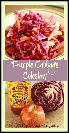 purple cabbage coleslaw with an apple and red cabbage in the middle, next to a