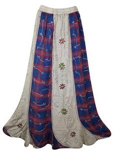 Ivory Renaissance Long Skirt, Blue Check Print Embroidery Hippie Skirt One Size Print Embroidery, Blue Check