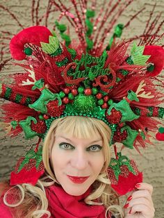 Get ready for Holiday party! Great addition to your "Ugly sweater" outfit or your holiday cocktail dress. Red and green colored headdress will stand out from the crowd. Great for Christmas, New Year, Halloween, Carnival, Masquerade, photoshoot and more... Decorated with reindeer, Elf stocking, xmas bells, big and small balls, holiday decorations, mesh, sequin....Headdress size about 15x15 inch. Elastic in the back, fits most heads. Colors can be slightly different from the pictures you see depends on your screen setting. Item sent by USPS next business day. Check my store for other fun crowns. Let me know if you are looking for a specific one.  NO returns, NO refunds, but please let me know if something is wrong with your item. Thank you for your interest in my design. Enjoy your day! Catrina Headband, Masquerade Photoshoot, Ugly Sweater Outfit, Ugly Sweater Outfits, Winter Crown, Holiday Cocktail Dress, Christmas Headdress, Christmas Headwear, Christmas Headpiece