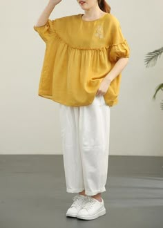 Organic Yellow Embroideried Cinched Cotton Shirt Summer - SooLinen Lawn Tops Design, Over Sized Shirts Outfit For Women, Cotton Tops Designs Casual, Girls Shirts Design, Short Shirt Design, Yellow Tops For Women, Short Tops For Women, Short Top Designs, Yellow Top Outfit