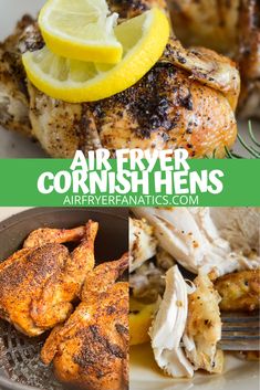 air fryer cornish hens with lemon wedges and herbs on the side