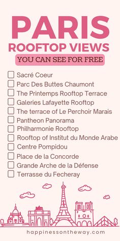 the paris rooftop views you can see for free sign in front of a pink background