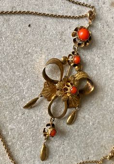 Beautifu Circa 1800s Victorian Gold Gilt Red Coral Bow Antique Necklace Antique Formal Necklace With Brooch, Antique Formal Necklaces With Brooch, Antique Necklace With Brooch For Formal Occasions, Ornate Red Pendant Jewelry, Antique Red Necklace For Wedding, Red Victorian Jewelry For Ceremonial Occasions, Elegant Orange Brooch Jewelry, Victorian Red Jewelry With Vintage Charm, Antique Red Pendant Jewelry