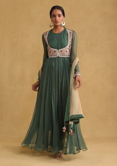 Ritu Kumar-Green Anarkali Chiffon Kurta Set-INDIASPOPUP.COM Anarkali With Jacket, Kathak Costume, Chiffon Kurta, Shaded Dupatta, Green Anarkali, Gown With Jacket, Desi Vibes, Patiala Suit Designs, Western Dresses For Women