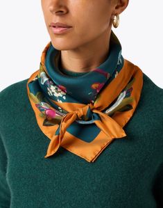 This lightweight silk scarf from Franco Ferrari is the easiest way to incorporate unique prints and color into your day-to-day wardrobe. It's patterned with a botanical print in the season's hottest hues, ideal for pairing with nearly anything in your wardrobe. We love styling it over a blouse or knit and wide-leg trousers for a sophisticated ensemble. Trendy Silk Scarf For Spring, Casual Multicolor Silk Scarf For Fall, Chic Silk Scarf With Floral Print For Spring, Green Chic Silk Scarves, Chic Green Silk Scarf For Spring, Chic Green Silk Scarves, Casual Silk Scarf With Floral Print For Spring, Chic Multicolor Scarves For Fall, Casual Floral Print Silk Scarf For Spring