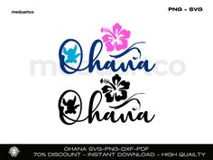 the word ohana in blue, pink and purple with flowers on it's side