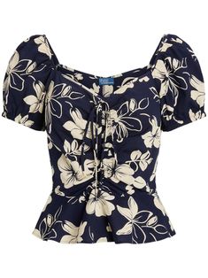 navy blue/ivory white cotton all-over floral print ruched detailing boat neck short puff sleeves peplum hem Ruched Blouse, Americana Fashion, Drawstring Top, Wardrobe Edit, Ralph Lauren Womens, Feminine Look, Blue Ivory, Cotton Top, Blue Blouse