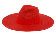 Red Wide Brim Straw Panama Hat Trendy Straw Hat With Curved Brim, Trendy Solid Color Sun Hat With Curved Brim, Trendy Wide Brim Solid Boater Hat, Trendy Solid Color Wide Brim Boater Hat, Trendy Solid Color Bucket Straw Hat, Casual Wide Brim Boater Hat, Red Summer Boater Hat With Short Brim, Adjustable Red Boater Hat For Beach, Casual Solid Wide Brim Straw Hat