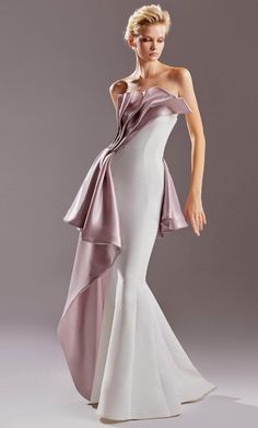 MNM COUTURE G1517 - Strapless Ruffled Evening Dress Evening Desses 0 / White/Purple Fall 2023 Couture, 2023 Couture, Mnm Couture, Jasz Couture, Couture Evening Dress, Luxurious Dresses, Plastic Dress, Exquisite Gowns, Strapless Neckline