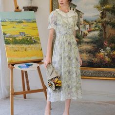 印象絵画の花模様フレンチワンピース White Feminine Vintage Dress For Summer, Cottagecore White Midi Dress With Floral Print, Feminine Vintage Dress For Garden Party, Floral Dress For Spring Garden Party, Flower-shaped Dresses For Spring Garden Party, Cottagecore Chiffon Dress For Spring, Spring Cottagecore Chiffon Dress, Elegant Vintage Dress For Summer Garden Party, Elegant Vintage Dress For Garden Party In Summer